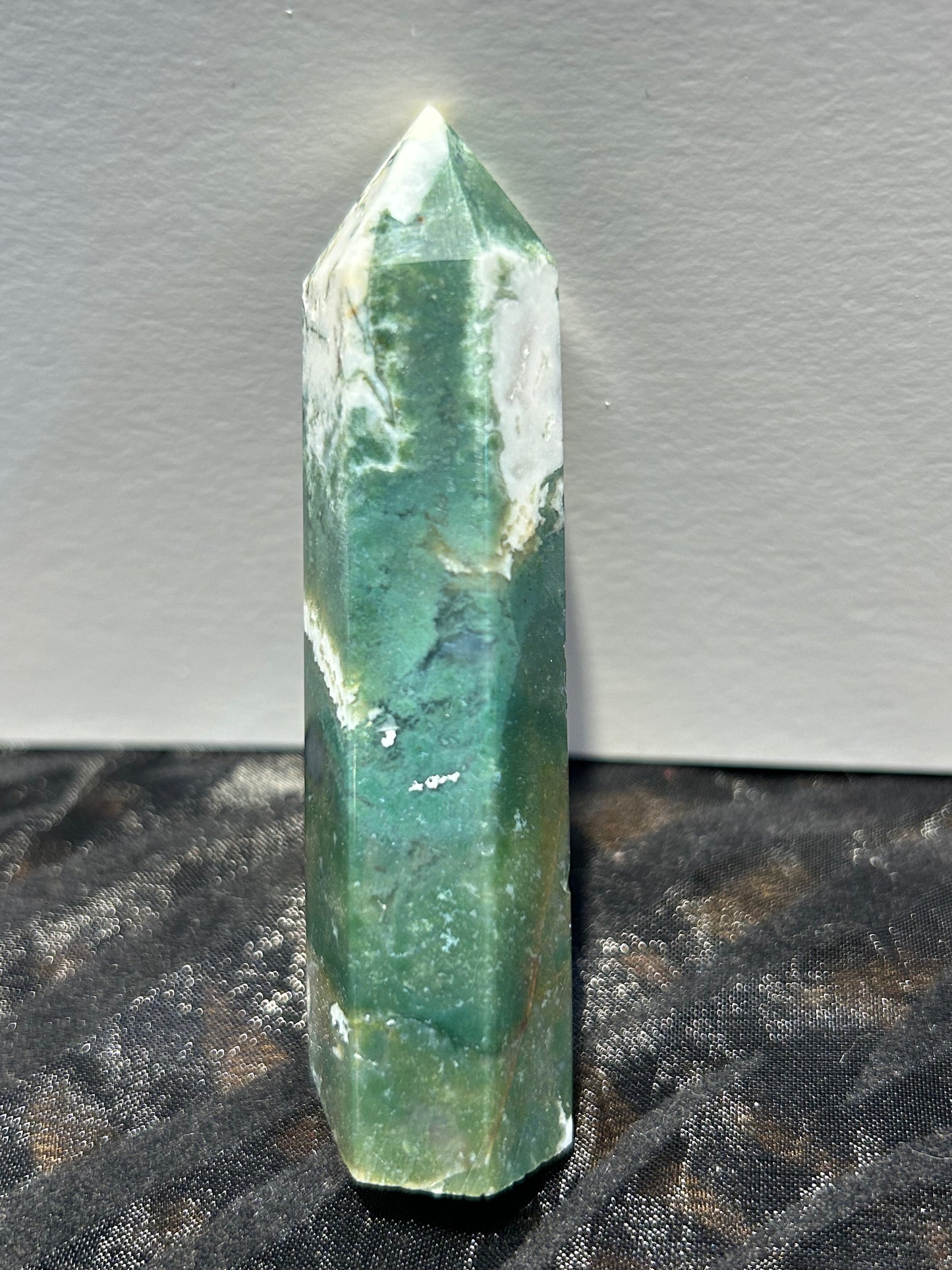 Moss Agate Tower Point With Quartz Druzy Crystal