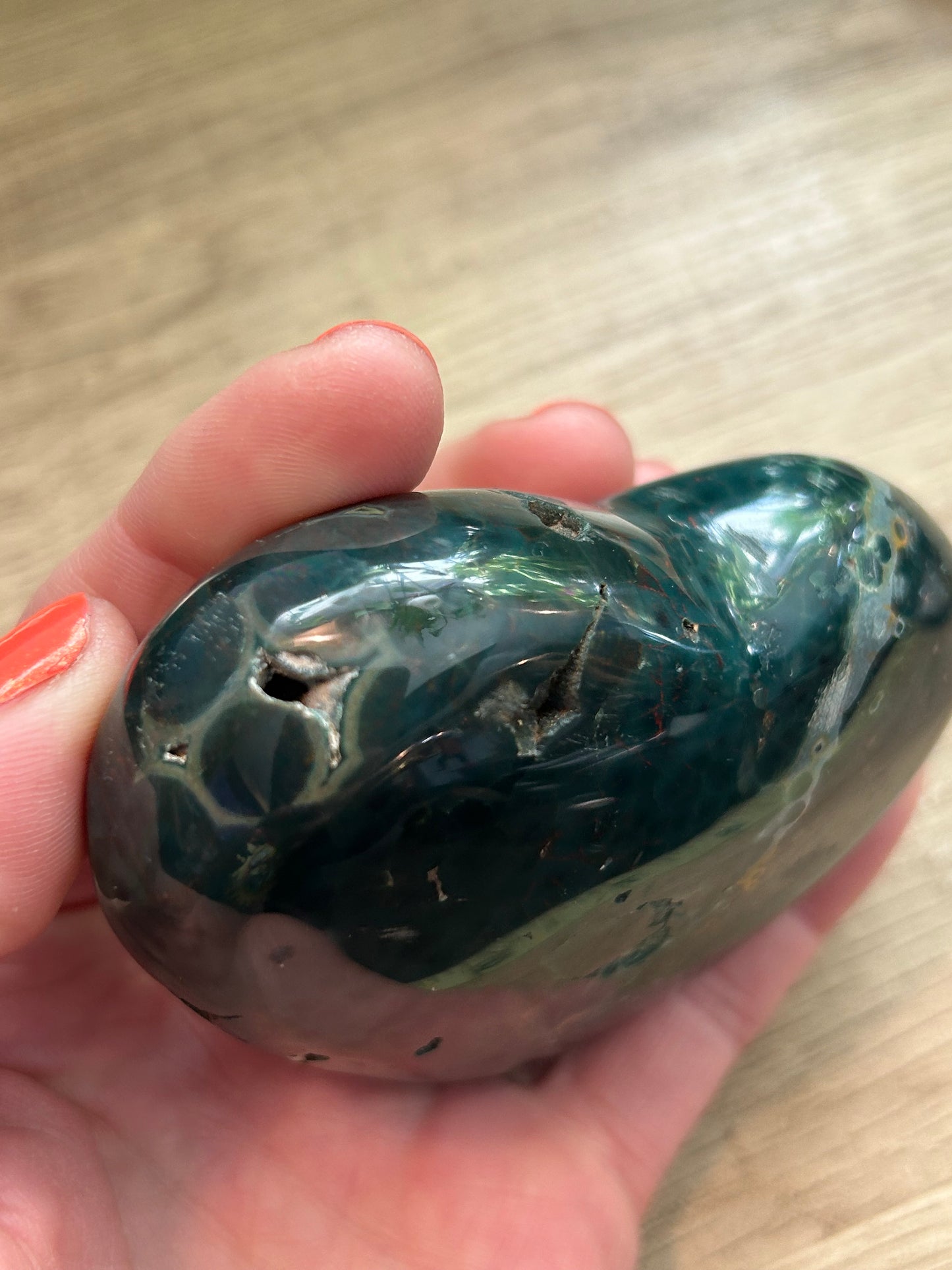 Ocean Jasper Green Eyes Heart Palm Carving Stone Crystal