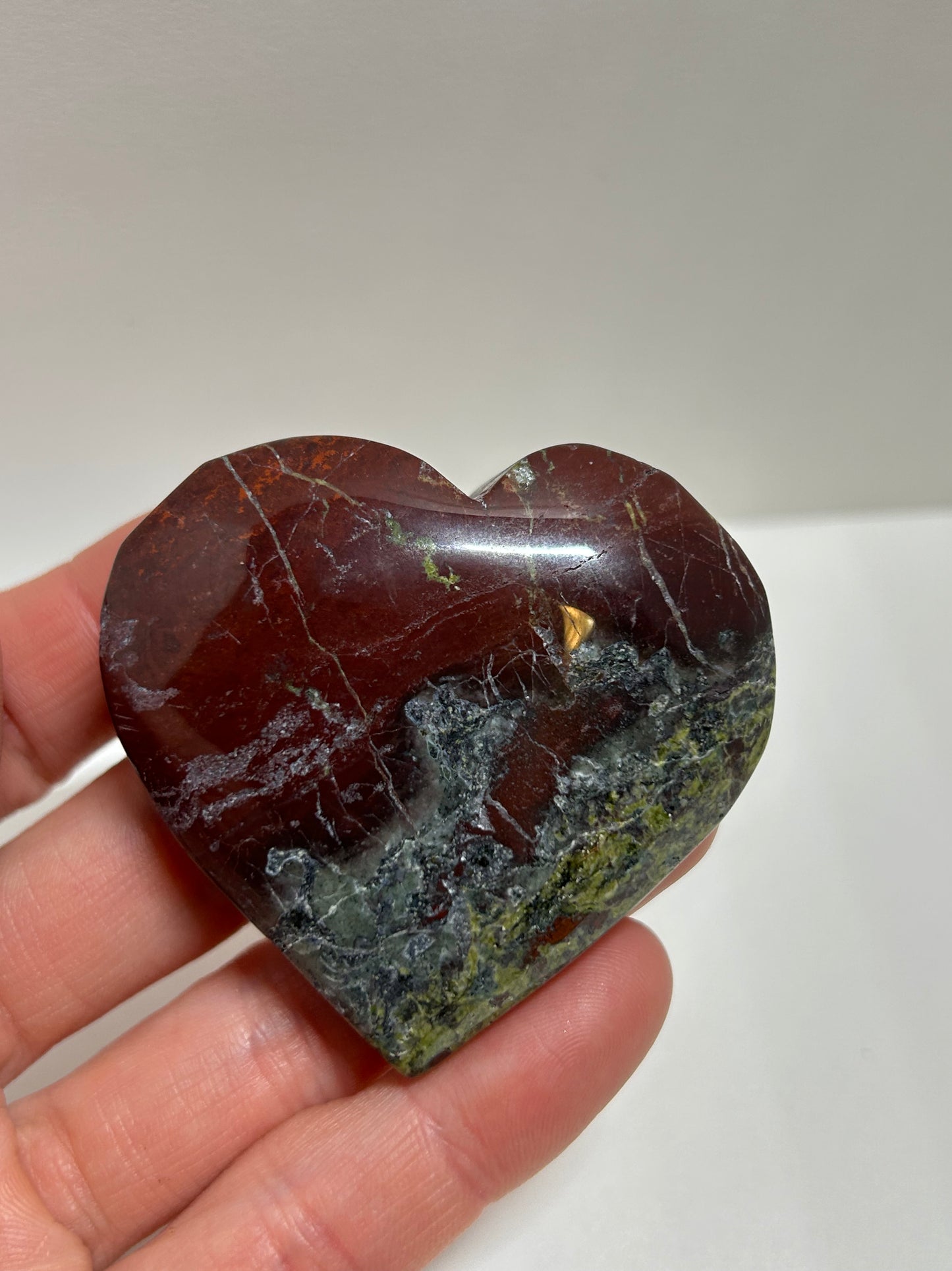 Dragons Bloodstone Jasper Heart Palm Crystal  Point Carved Polished Bastite