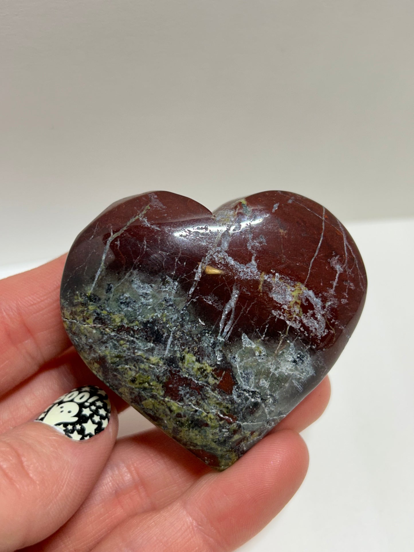 Dragons Bloodstone Jasper Heart Palm Crystal  Point Carved Polished Bastite