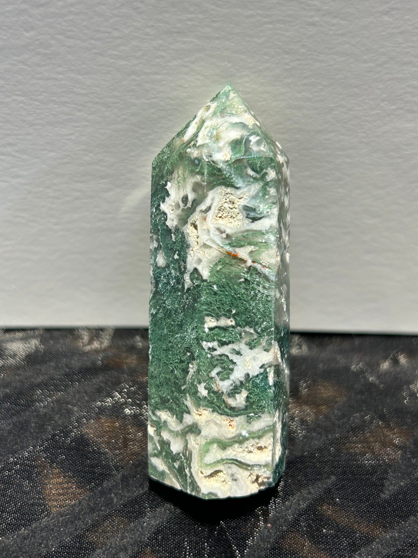 Moss Agate Tower Point With Quartz Druzy Crystal