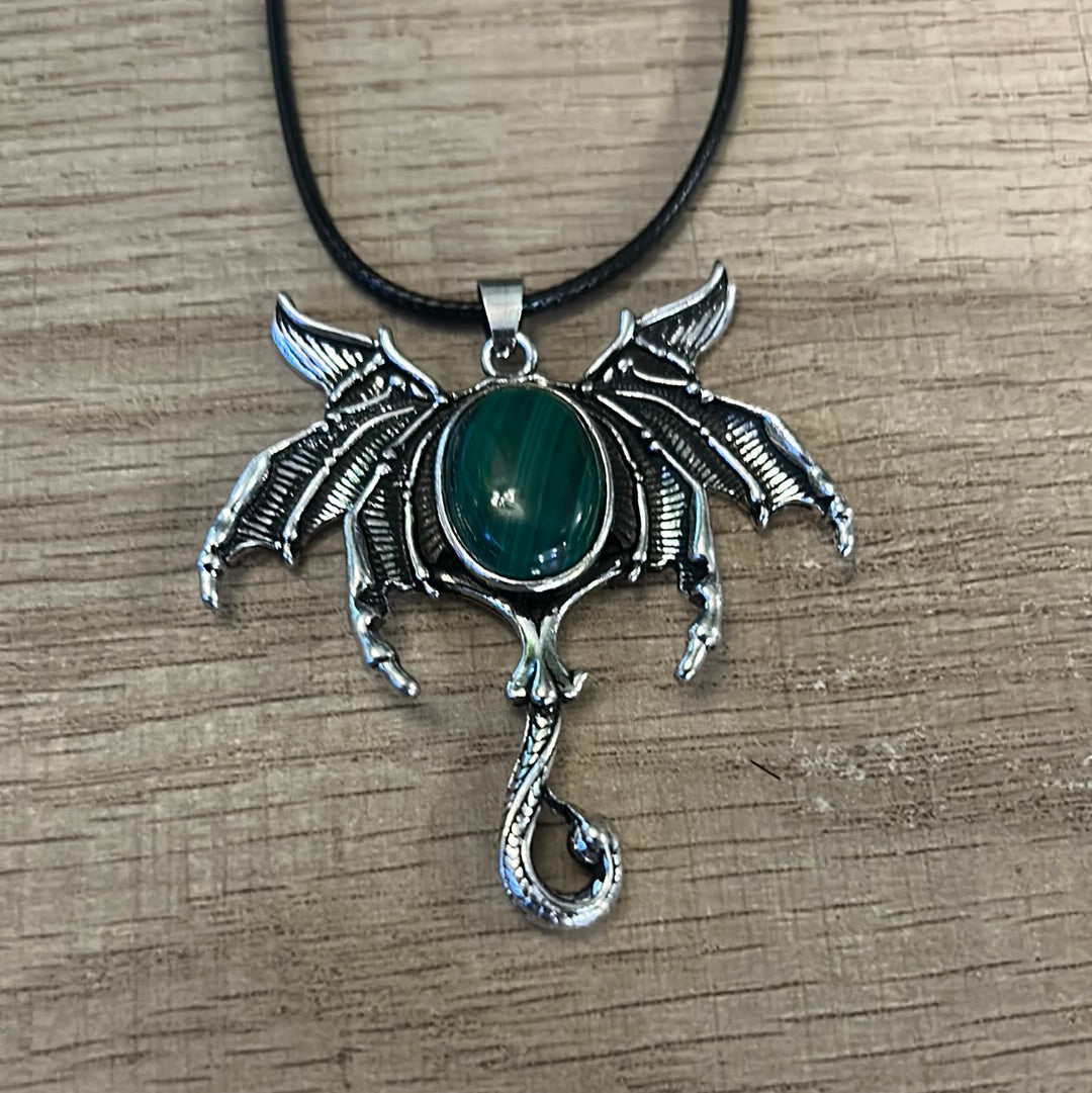 Malachite Dragon Pendant Necklace Gemstone Crystal