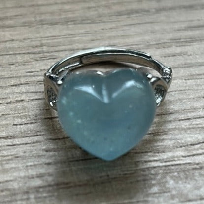 Aquamarine Heart Adjustable  Ring 925