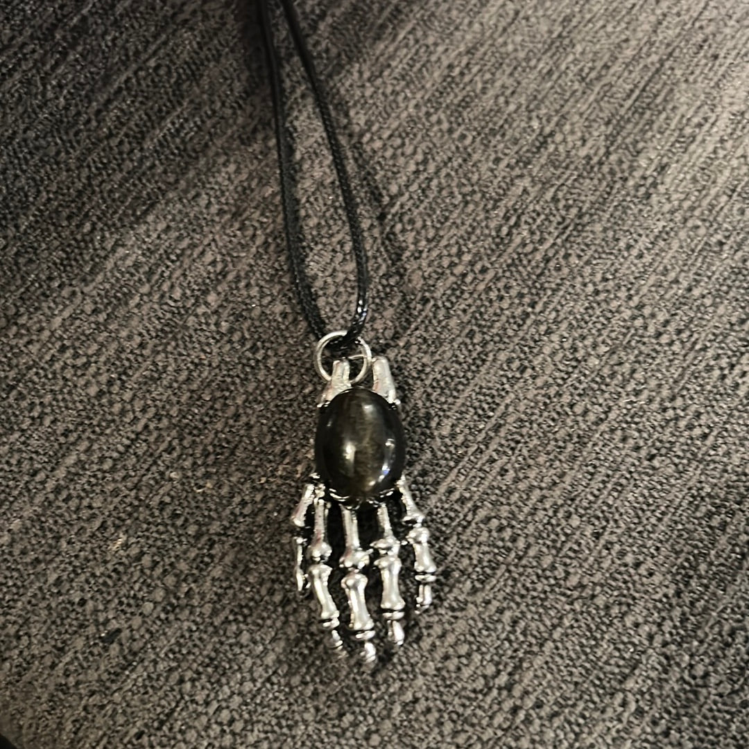 Silver Sheen Obsidian Skeleton Hand Pendant Necklace Gemstone Crystal