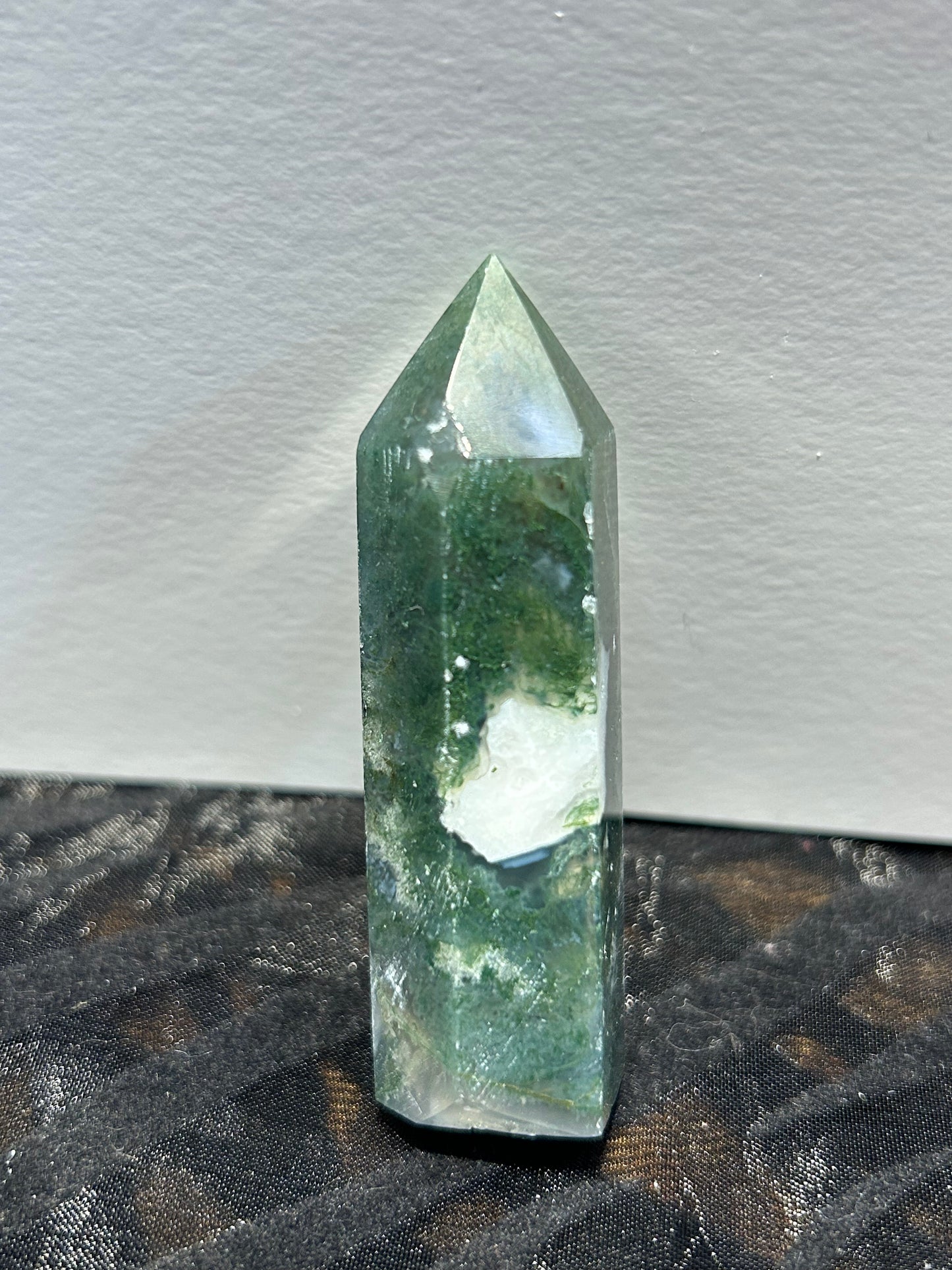 Moss Agate Tower Point With Quartz Druzy Crystal