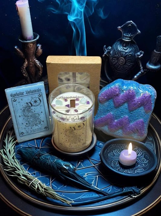 Aquarius Zodiac Bundle Crystal Candle Bath Bomb Natural Soap Astrology