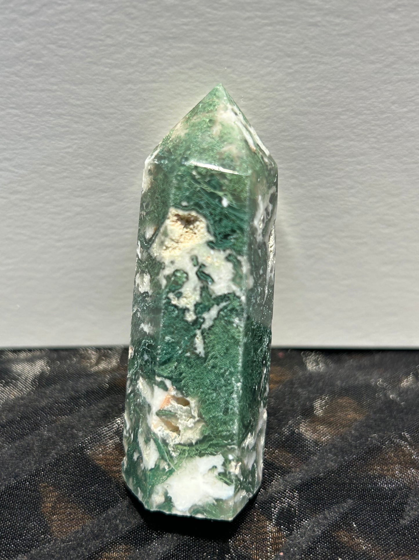 Moss Agate Tower Point With Quartz Druzy Crystal