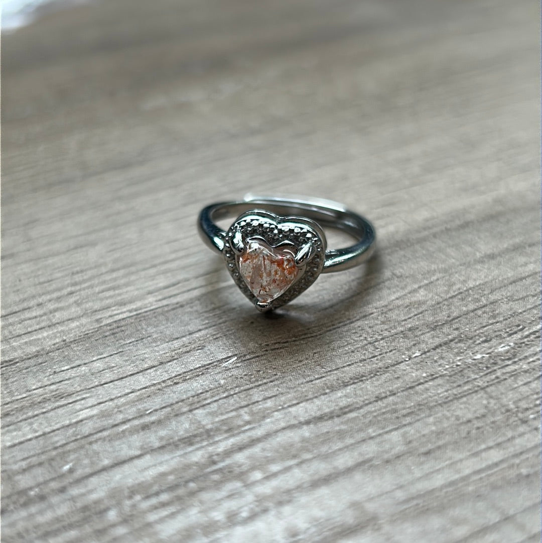 Sunstone Heart Adjustable Crystal Ring Jewelry 925