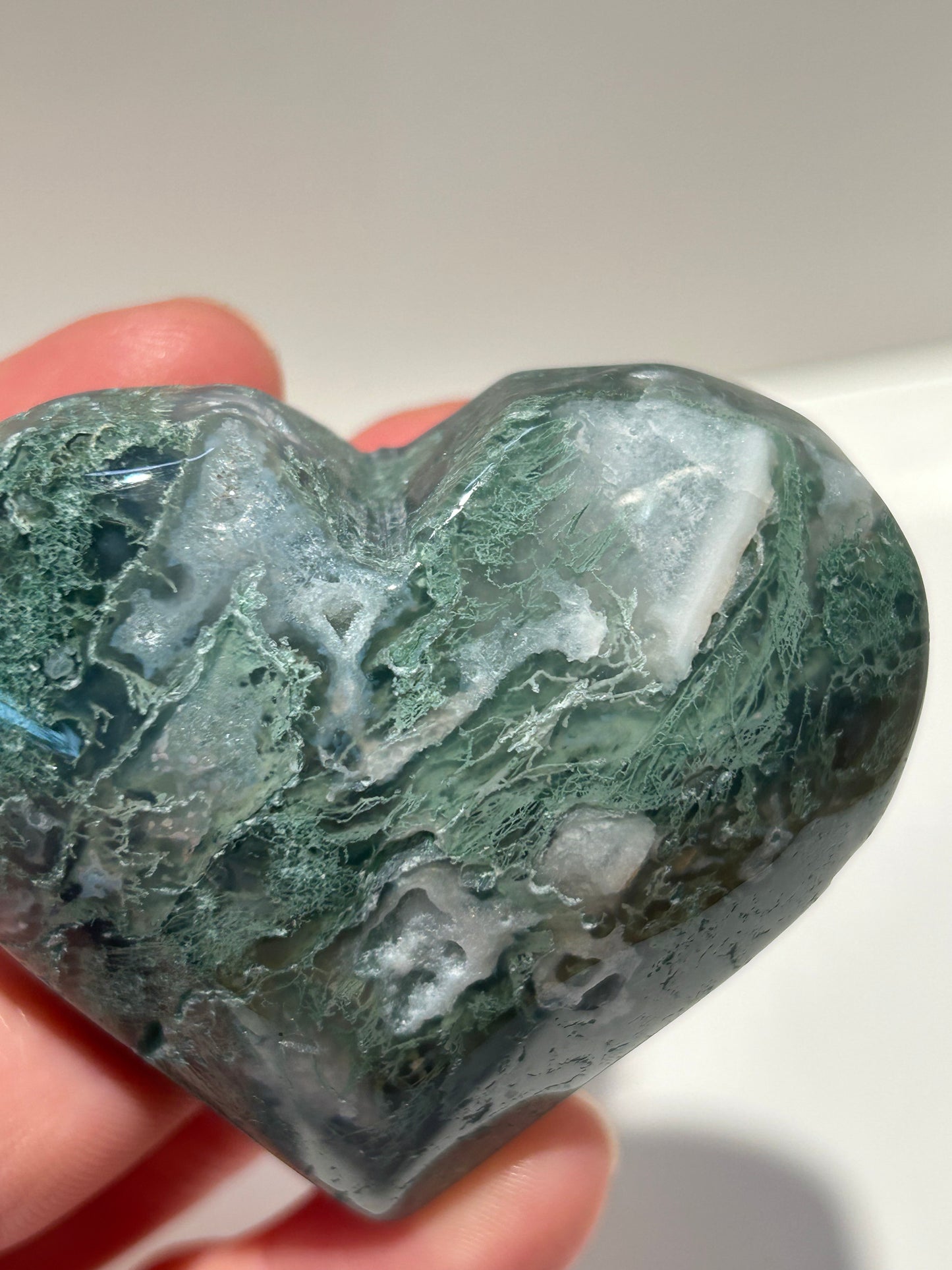 Moss Agate Heart Palm With Quartz Druzy Quartz Crystal
