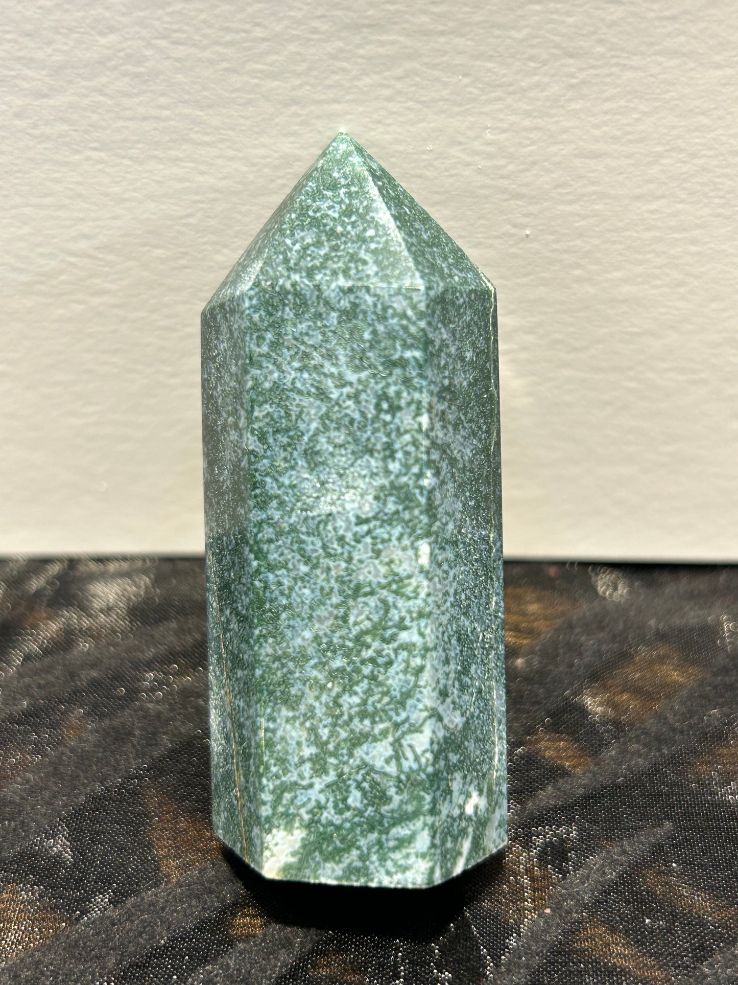 Moss Agate Tower Point With Quartz Druzy Crystal