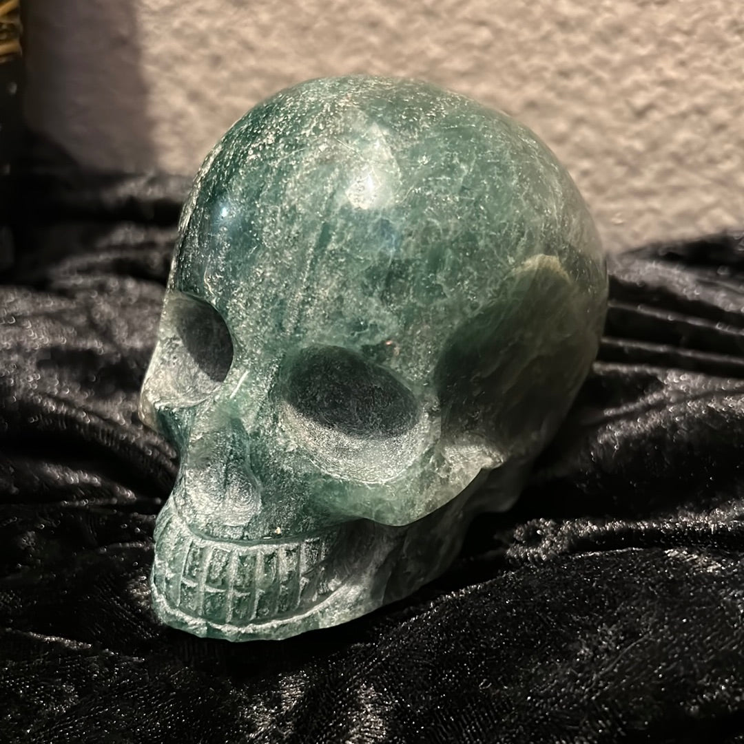 Green Aventurine With Pyrite Carved Crystal Skull
