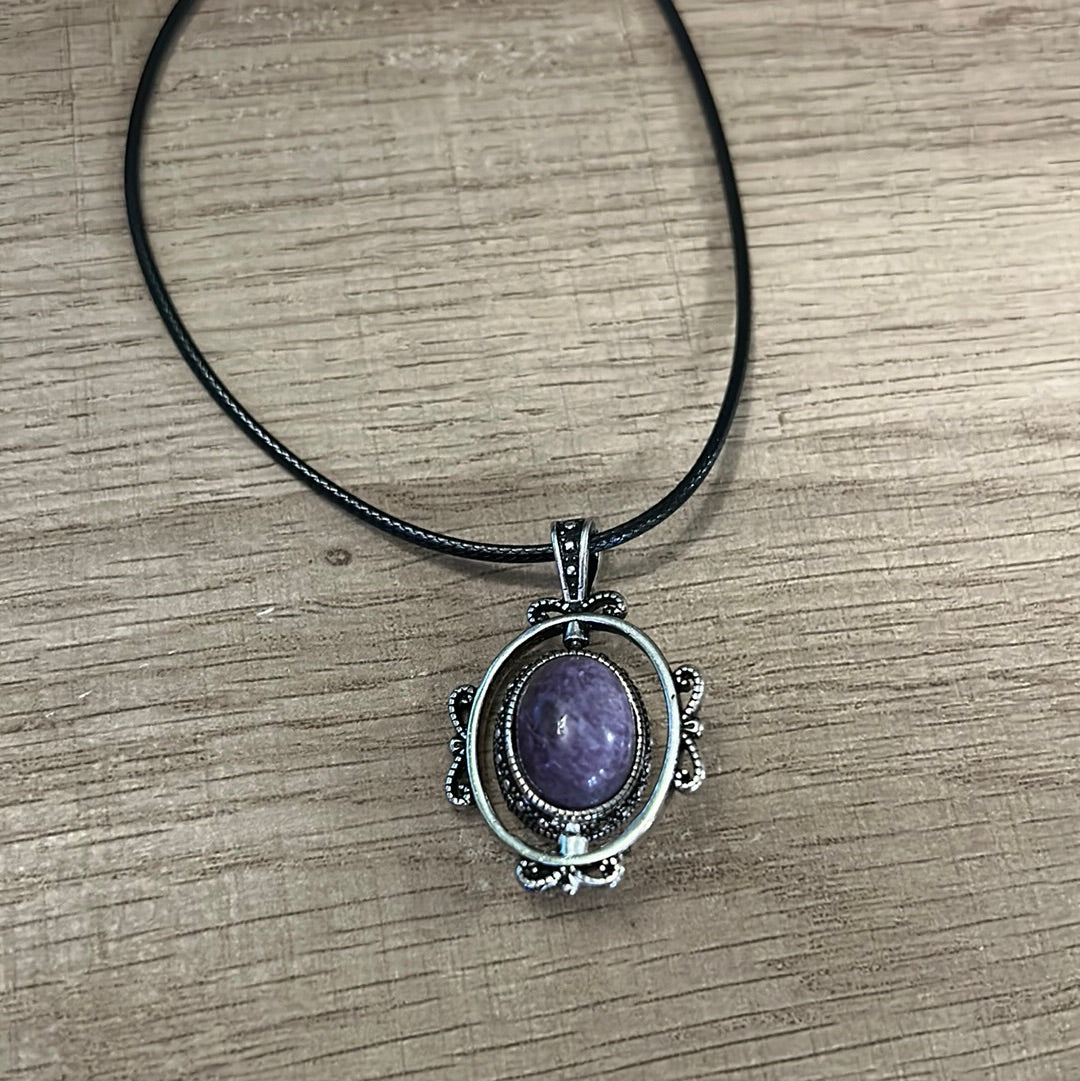 Charoite Spinning Pendant Crystal Necklace on Braided Cord