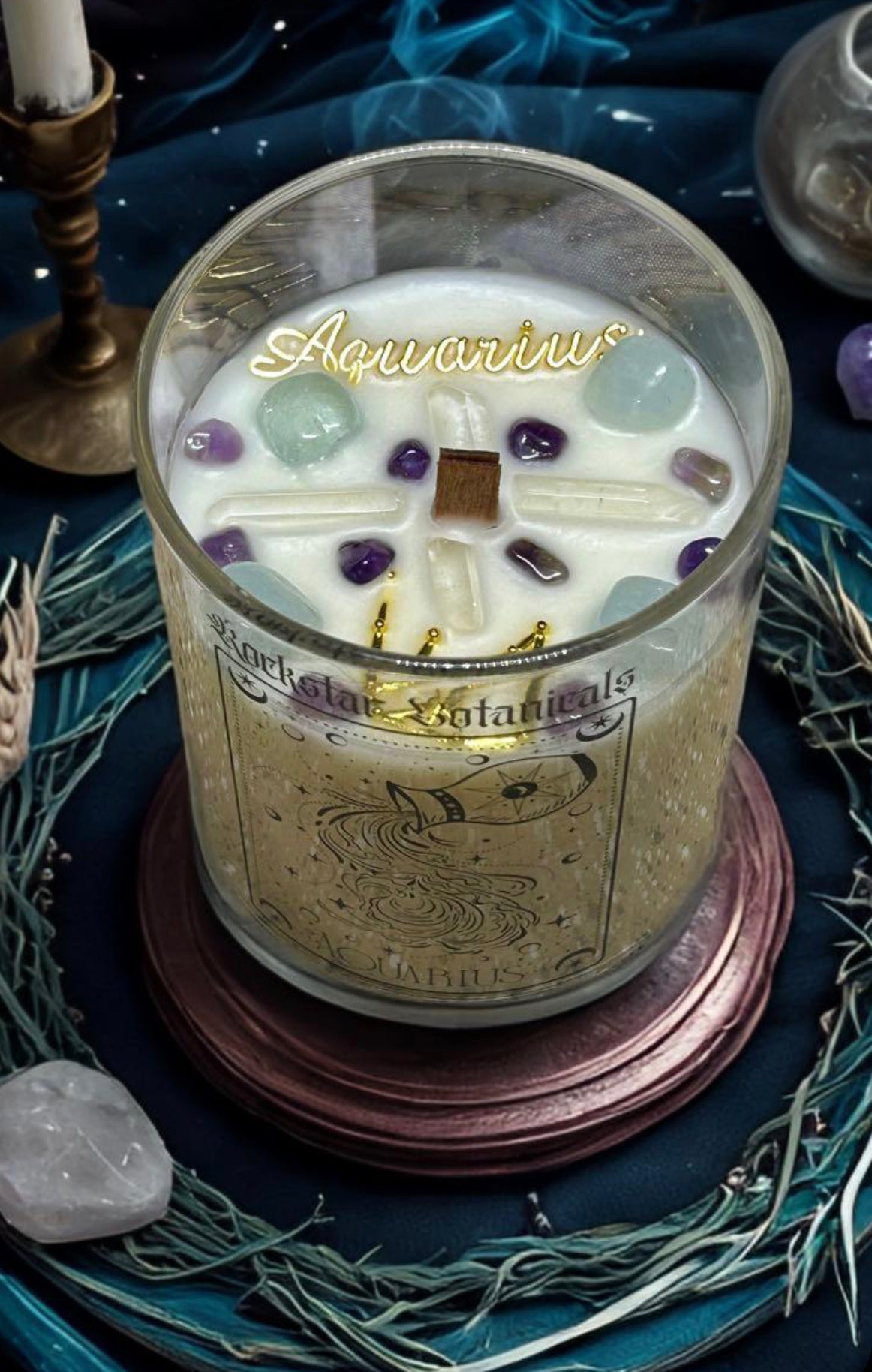 Aquarius Candle Crystal Intention Crackling Wood Wick Zodiac