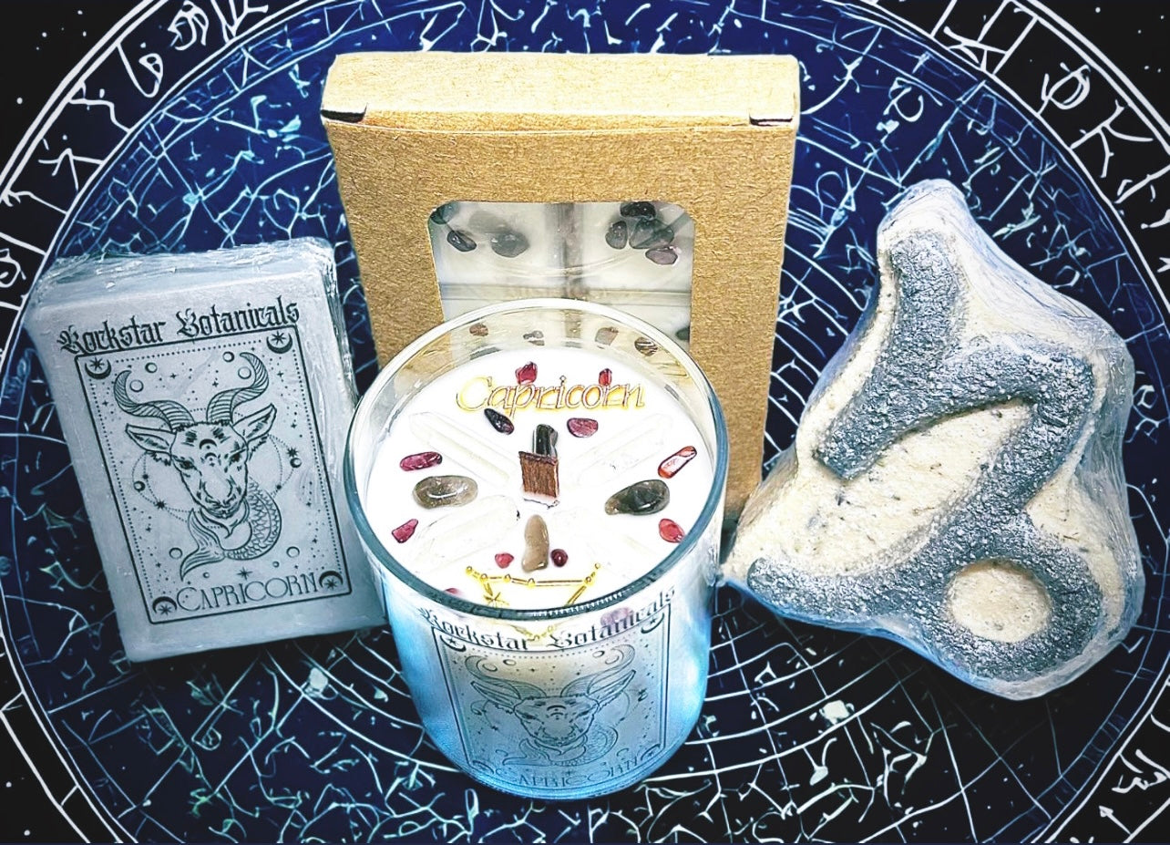 Capricorn Zodiac Bundle Crystal Candle Bath Bomb Natural Soap Astrology