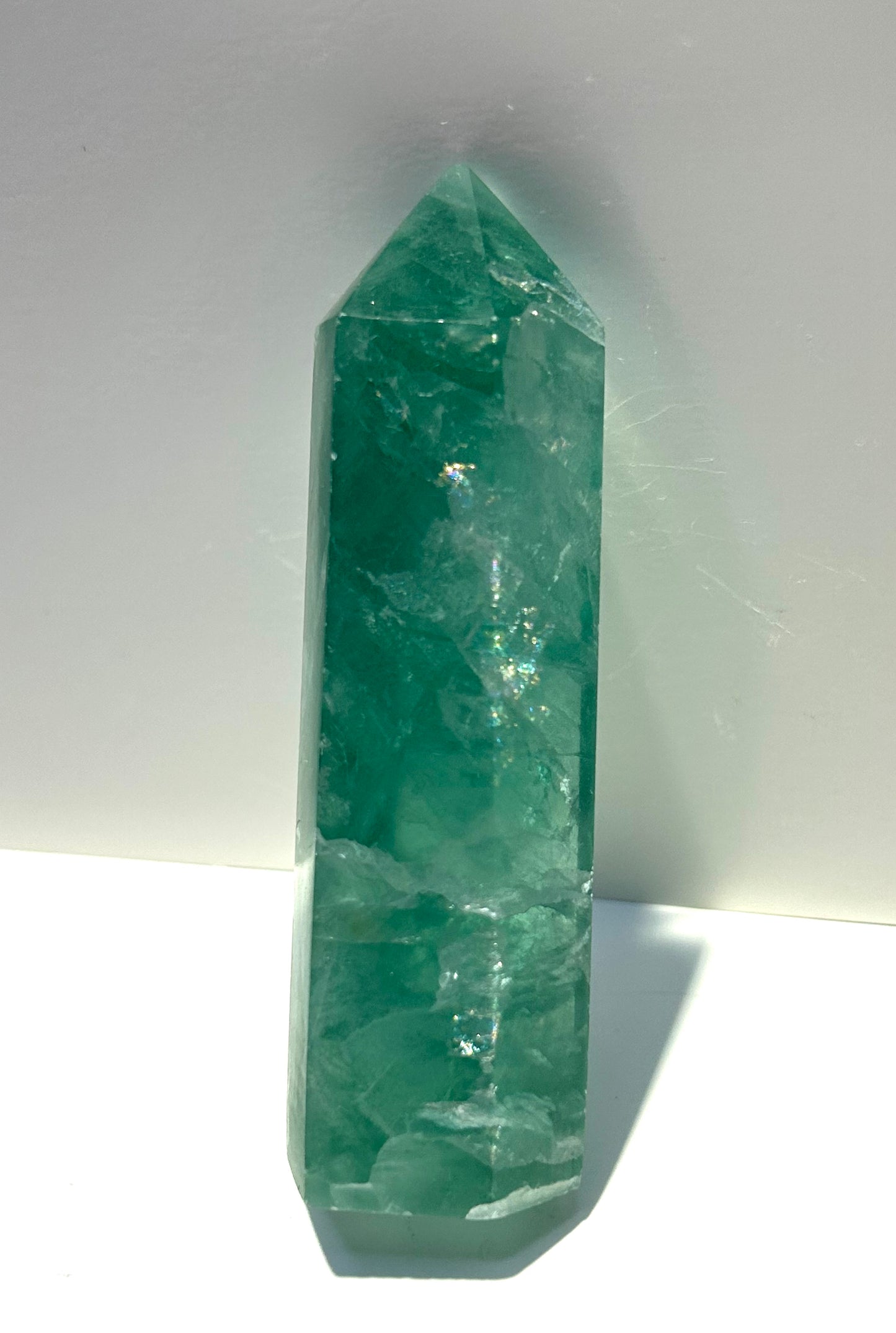 Green Flourite Polished Point Tower W/ Rainbow Flashes Crystal