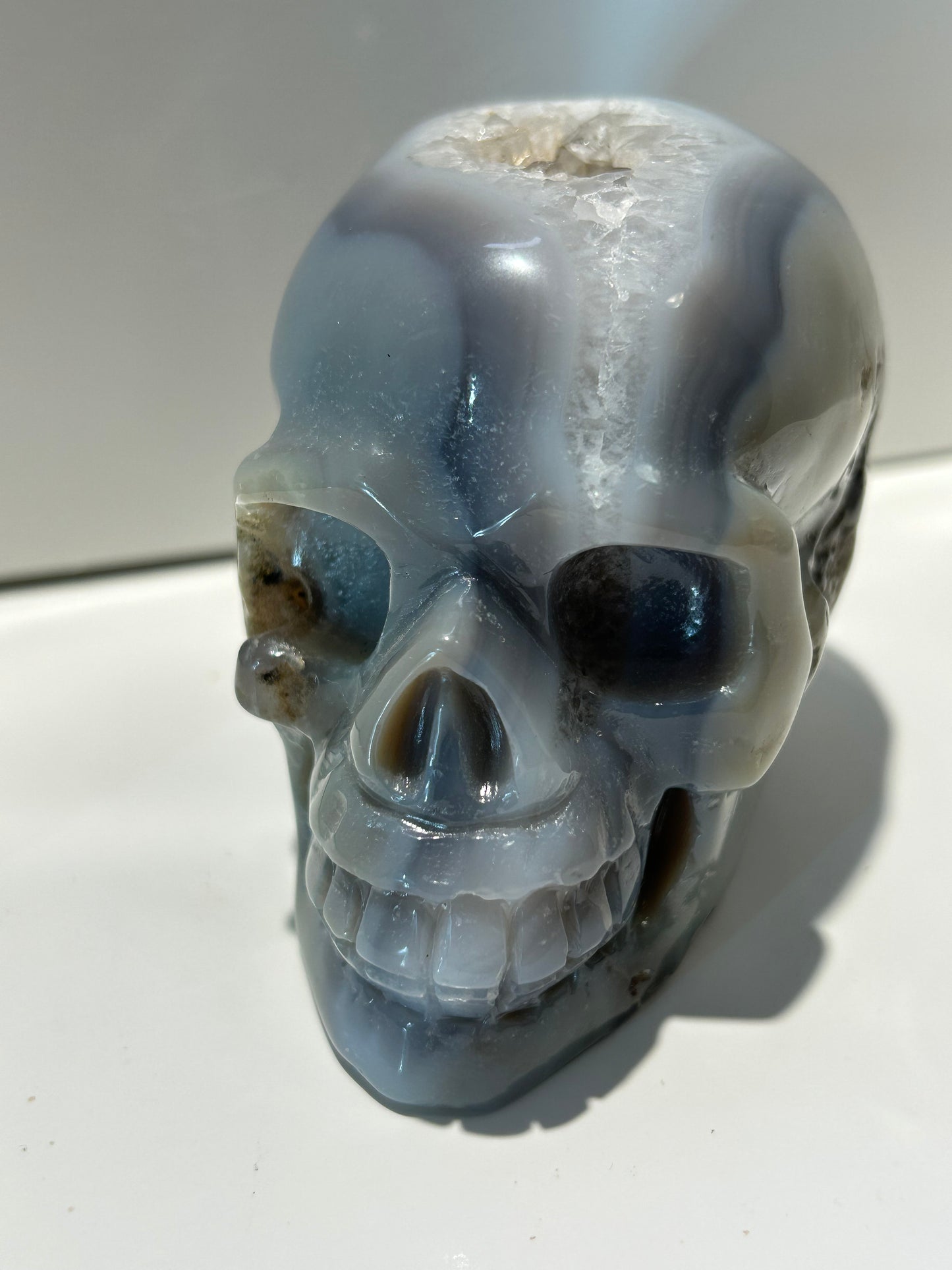 Blue Agate with Quartz Druzy Carved Crystal Skull