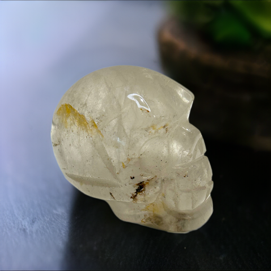 2” Clear Quartz Skull Carving With Inclusions