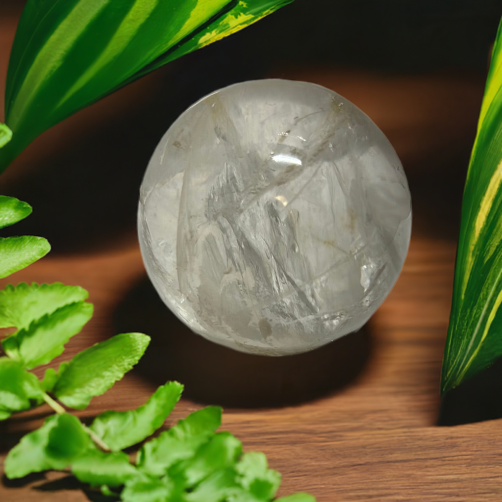 2” Clear Quartz Sphere Carving With Inclusions Rainbows Crystal