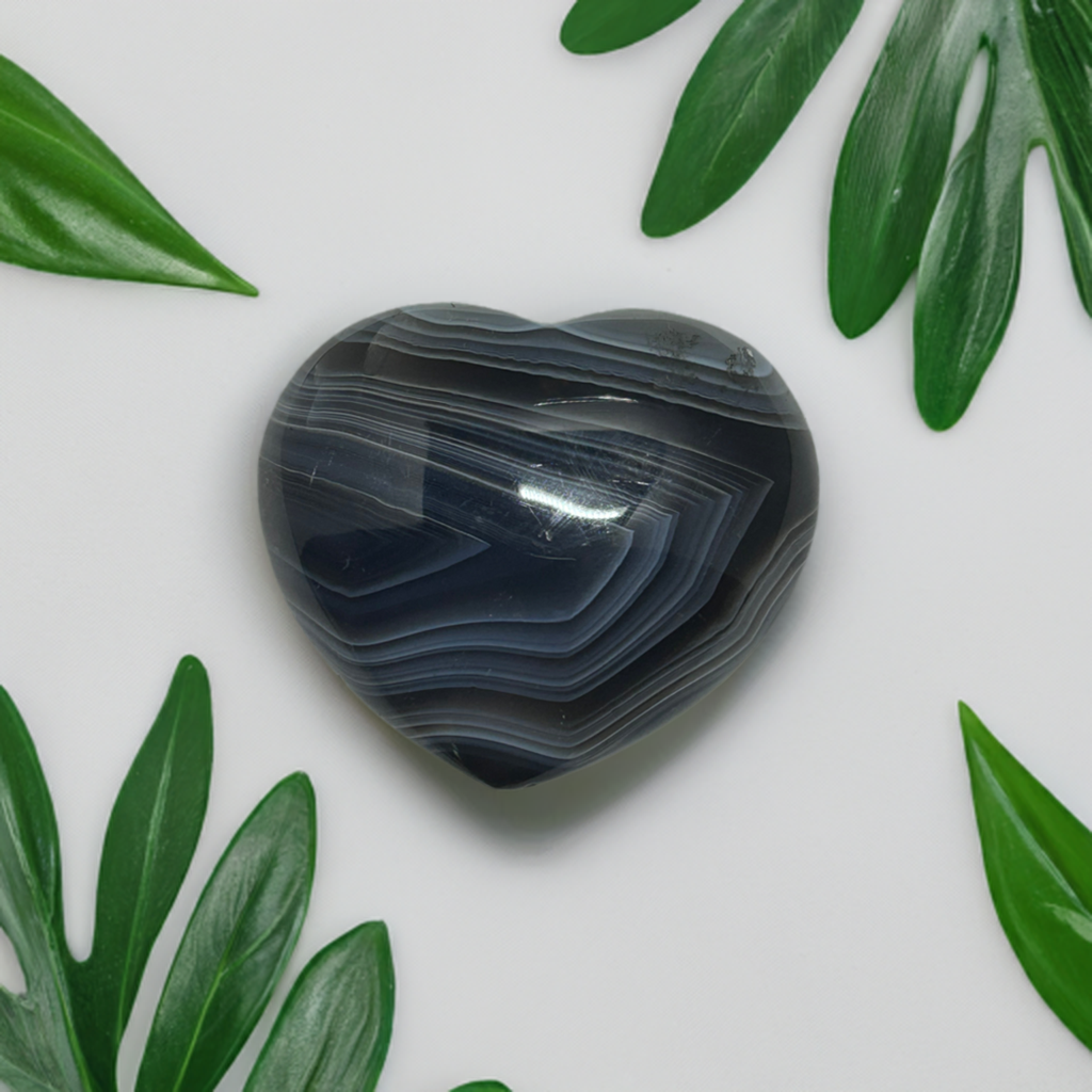 Agate with Banding Carved Crystal Heart Palm Stone