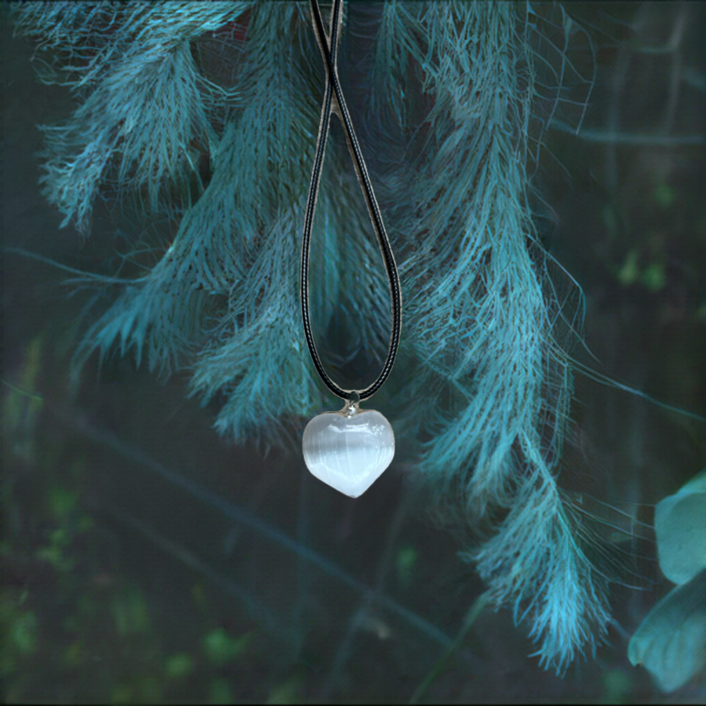 Selenite Heart Pendant Crystal Necklace on Braided Cord