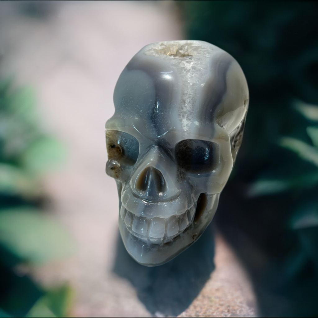 Blue Agate with Quartz Druzy Carved Crystal Skull