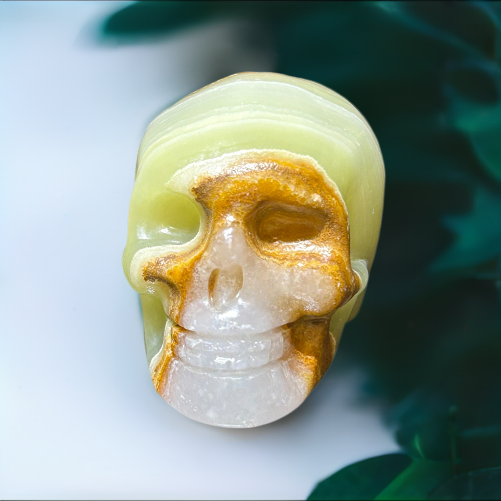 Green banded calcite Skull Carving