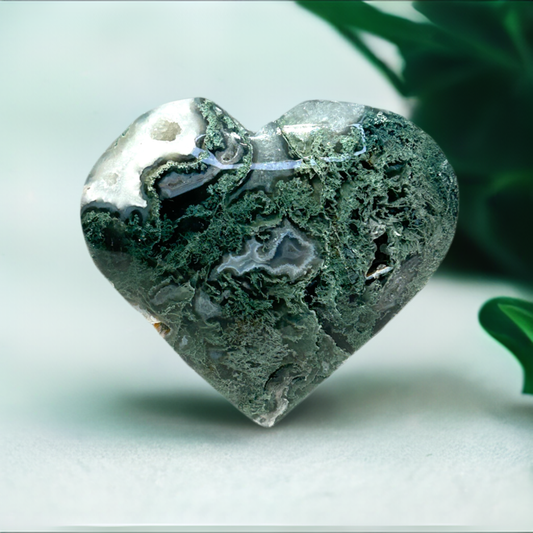 Moss Agate Heart Palm With Quartz Druzy Quartz Crystal