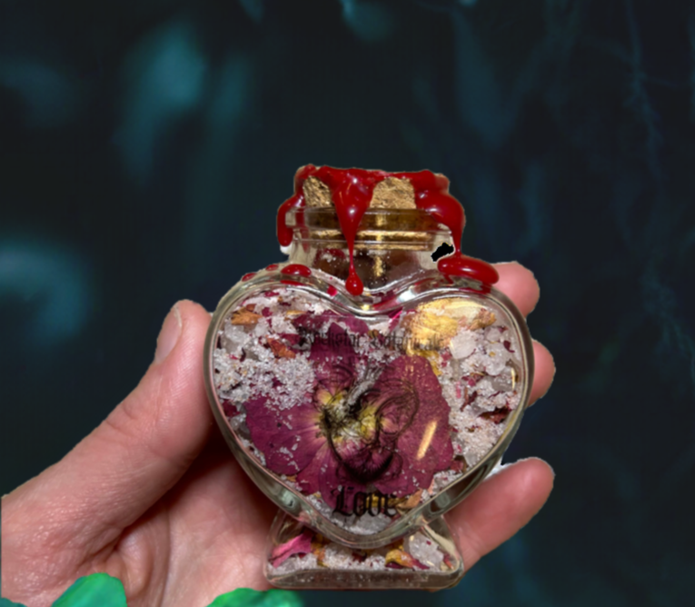 "Love Potion" Rose Quartz Infused Pink Bath Salts in Wax Sealed Heart Jar