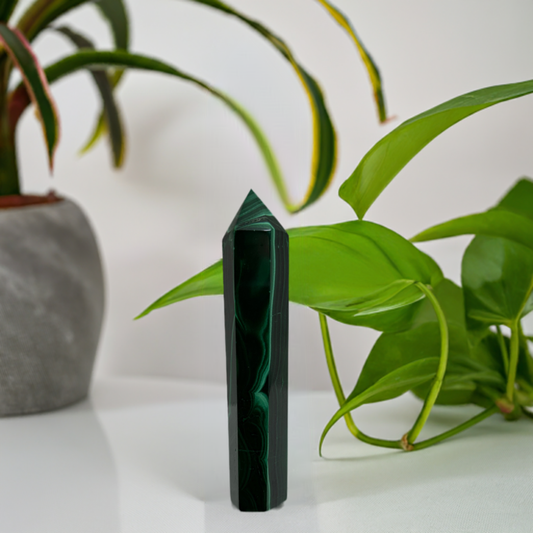 Malachite Tower Crystal  Point Carved Polished